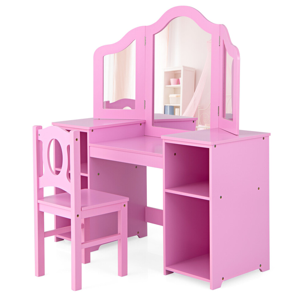 2-in-1 Kid Vanity Table Set Dressing Table w/ Mirror Makeup Table Set