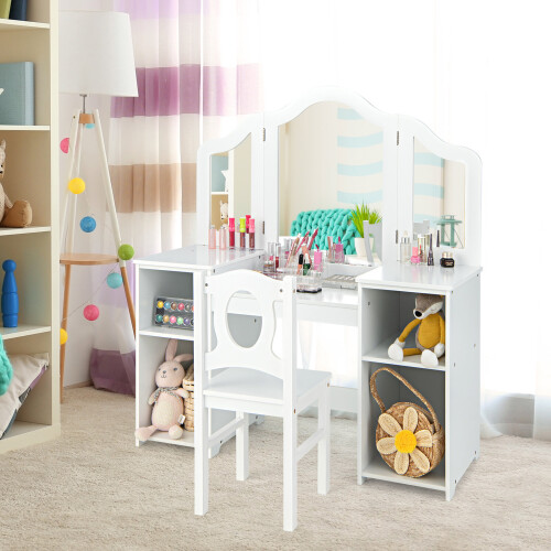 Casart 2-in-1 Kid Vanity Table Set Dressing Table w/ Mirror Makeup Table Set 2