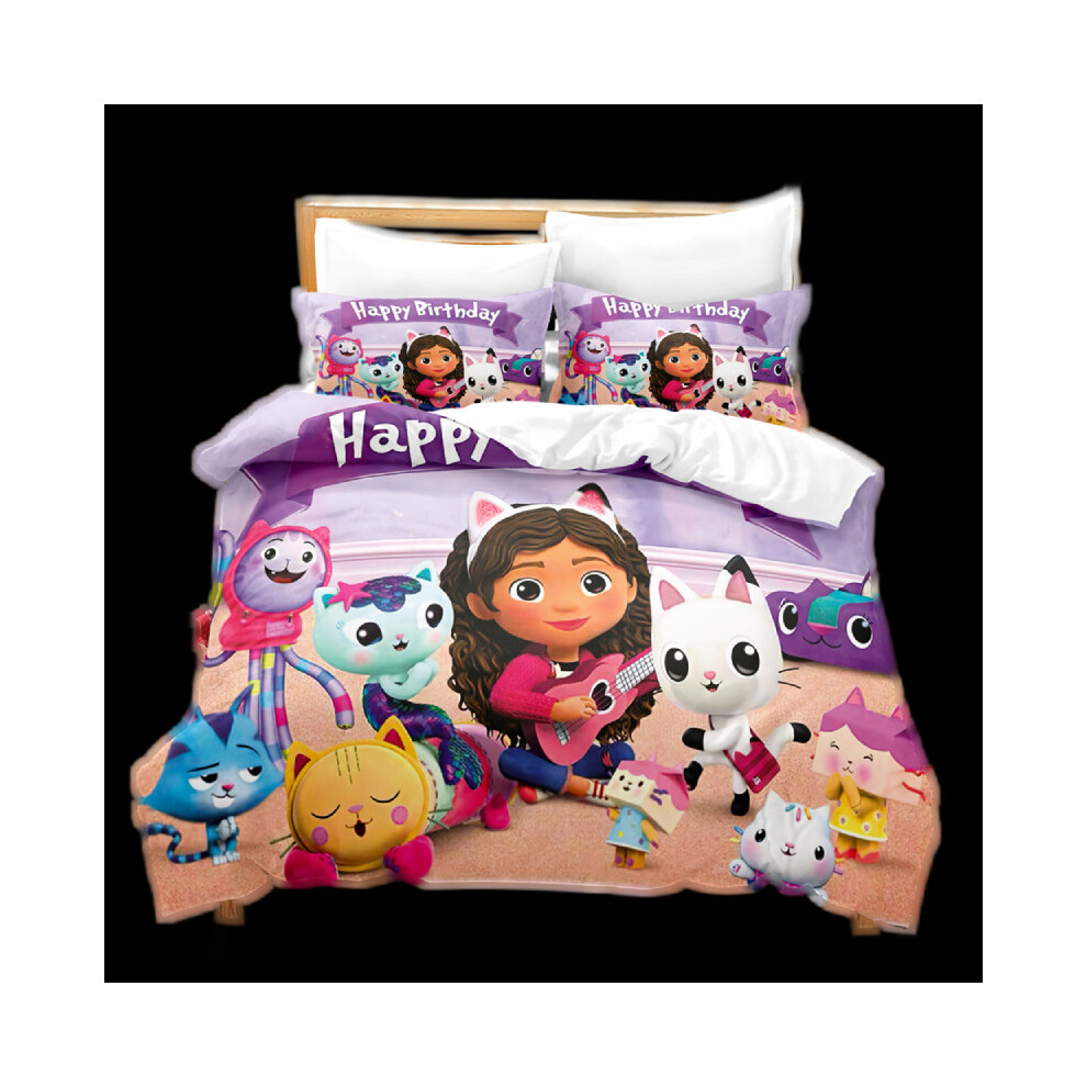 (Happy Birthday, 135x200cm/53.1*78.7in) 3pcs Gabbys Dollhouse Cartoon Print Children Bed Duvet Set Quilt Pillow  Cover