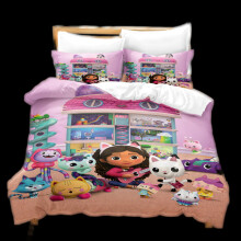 (Family, 135x200cm/53.1*78.7in) 3pcs Gabbys Dollhouse Cartoon Print Children Bed Duvet Set Quilt Pillow Cover