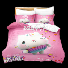 (White Cat, 200x200cm/78.7*78.7in) 3pcs Gabbys Dollhouse Cartoon Print Children Bed Duvet Set Quilt Pillow Cover
