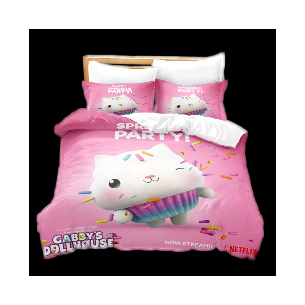 (White Cat, 200x200cm/78.7*78.7in) 3pcs Gabbys Dollhouse Cartoon Print Children Bed Duvet Set Quilt Pillow  Cover