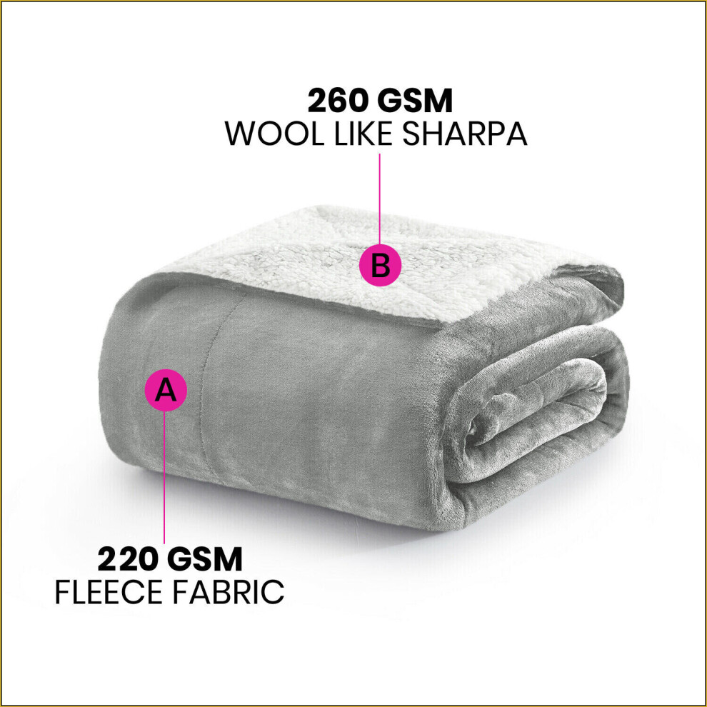 (SILVER, KING) Reversible Large Throw Sherpa Fleece Fluffy Soft Warm Large Sofa Bed Blankets