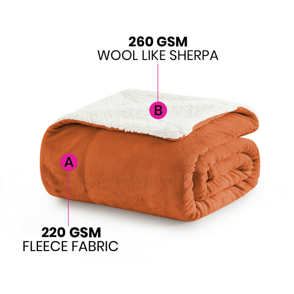 (RUST, KING) Reversible Large Throw Sherpa Fleece Fluffy Soft Warm Large Sofa Bed Blankets