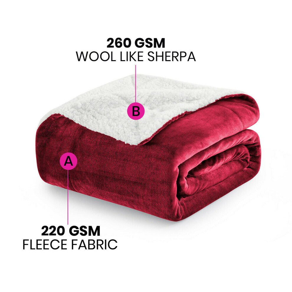 (BURGUNDY, KING) Reversible Large Throw Sherpa Fleece Fluffy Soft Warm Large Sofa Bed Blankets