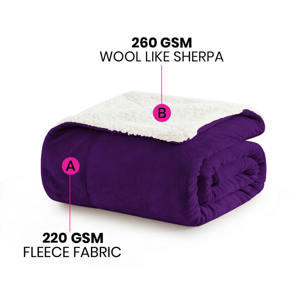 (PURPLE, KING) Reversible Large Throw Sherpa Fleece Fluffy Soft Warm Large Sofa Bed Blankets