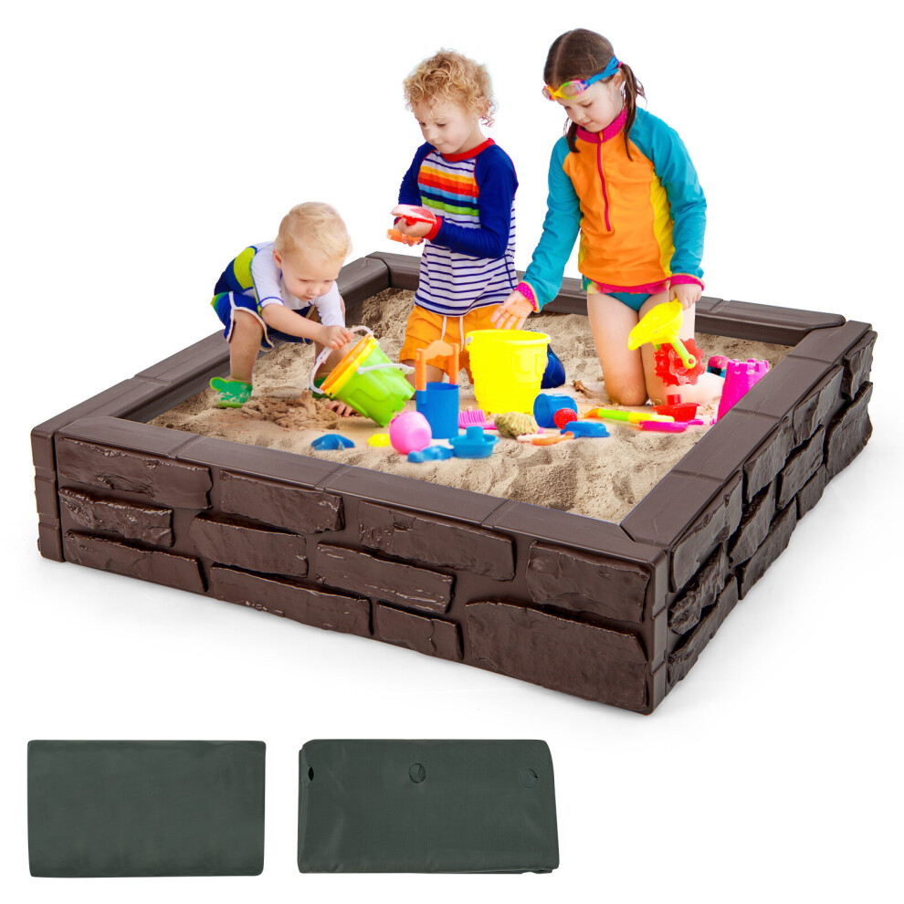 Kids Wooden Sandbox Backyard Square Sandpitwith Cover and Bottom Liner