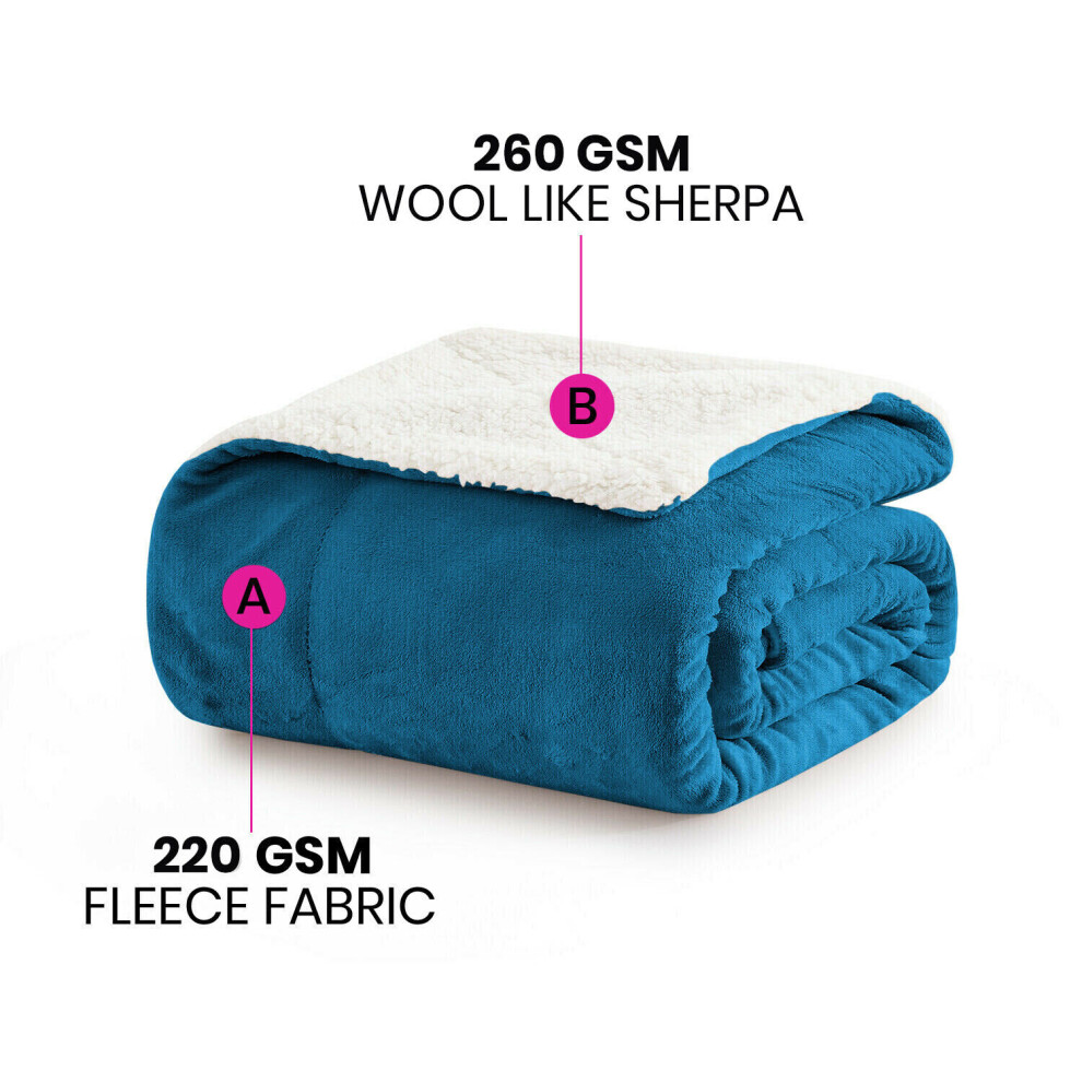 (TEAL, DOUBLE) Reversible Large Throw Sherpa Fleece Fluffy Soft Warm Large Sofa Bed Blankets