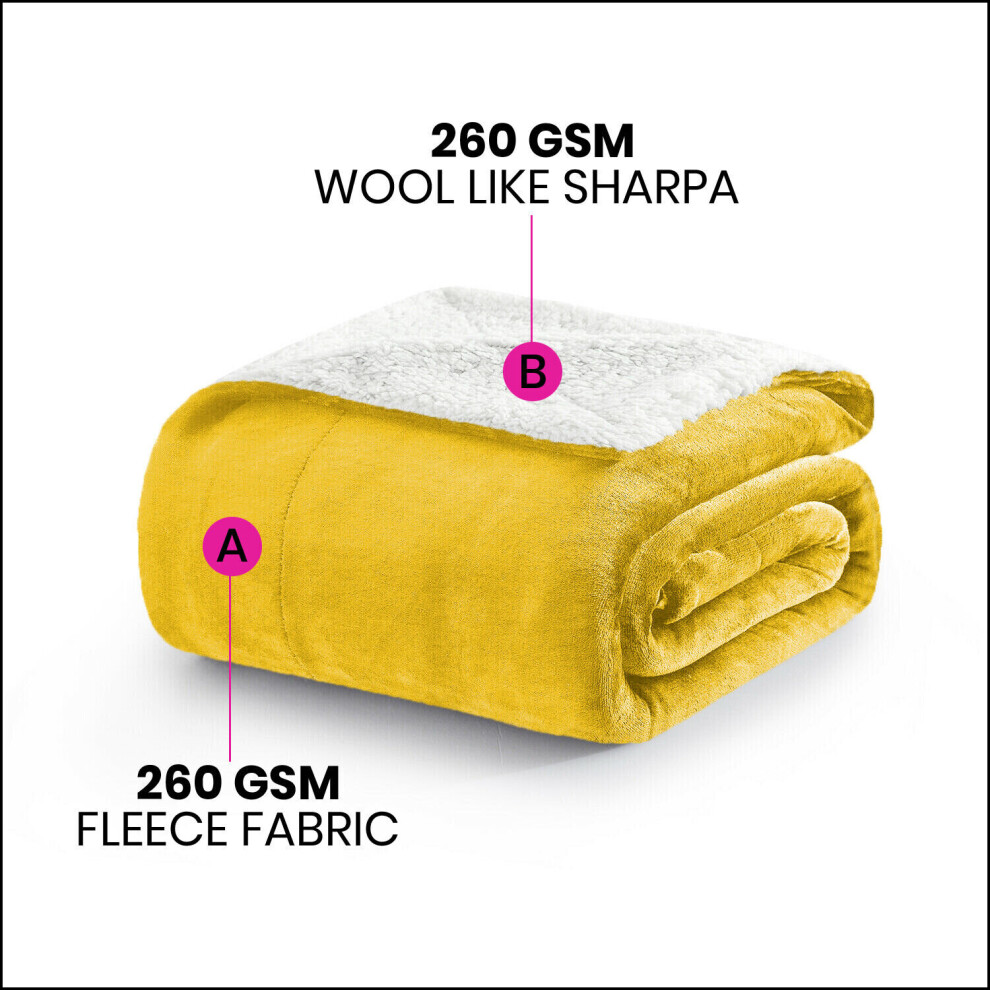 (OCHRE, SINGLE) Reversible Large Throw Sherpa Fleece Fluffy Soft Warm Large Sofa Bed Blankets