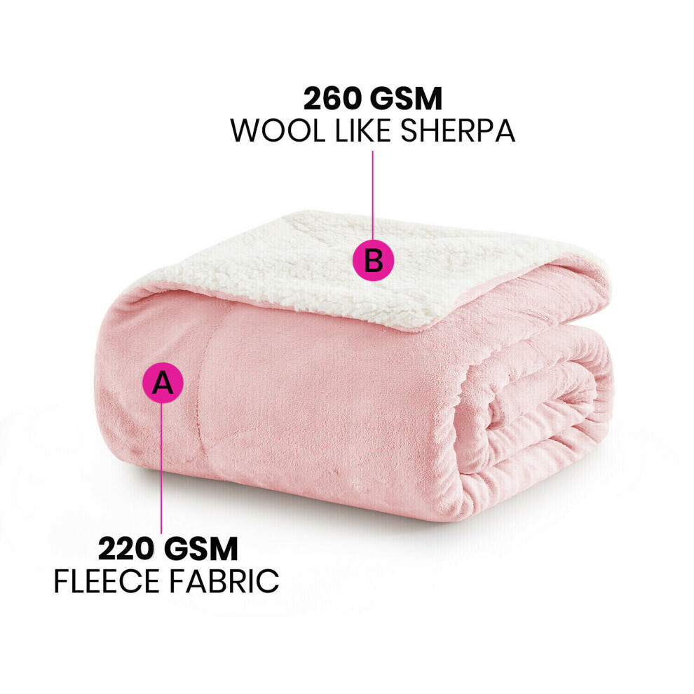 (PINK, DOUBLE) Reversible Large Throw Sherpa Fleece Fluffy Soft Warm Large Sofa Bed Blankets