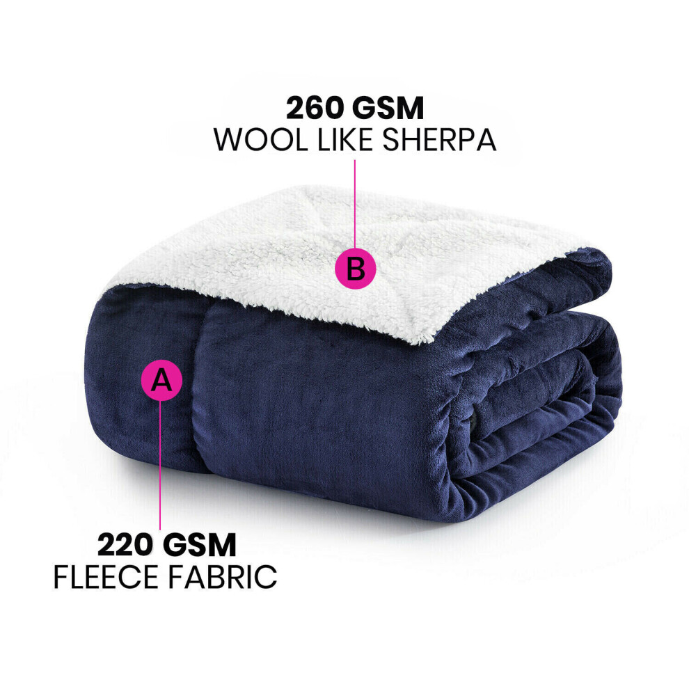 (NAVY BLUE, KING) Reversible Large Throw Sherpa Fleece Fluffy Soft Warm Large Sofa Bed Blankets