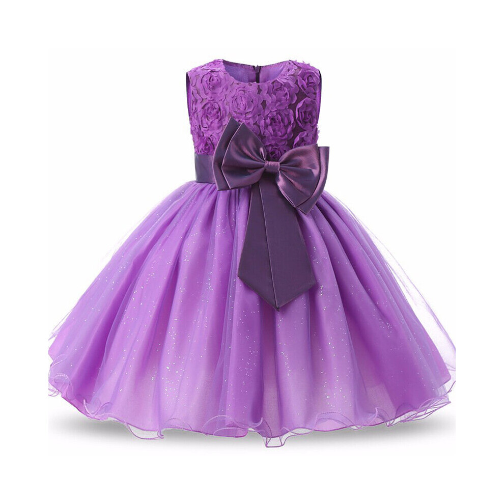 (Purple, 6-7 Years) Kids Girl Bow Wedding Bridesmaid Dress Princess UK