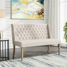 Beige Linen Upholstered Tufted Dining Bench