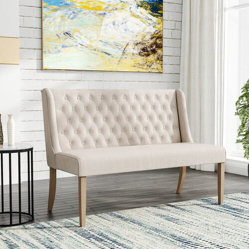 Living And Home Beige Linen Upholstered Tufted Dining Bench