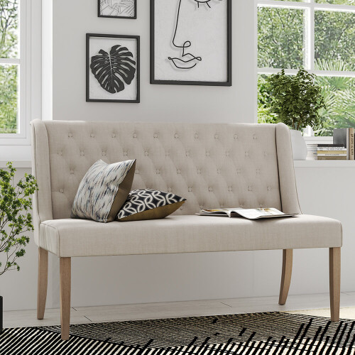 Living And Home Beige Linen Upholstered Tufted Dining Bench 1