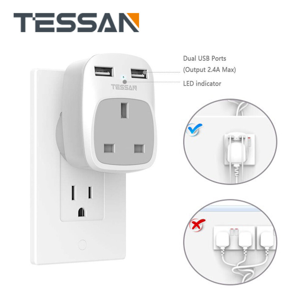 3-IN-1 UK to American Travel Plug Adapter with 2 USB Ports for Canada