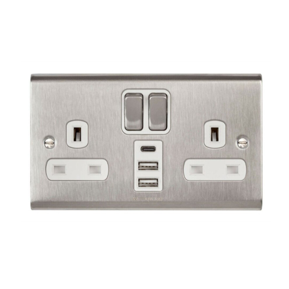 Deta SD1288SSW Slimline Twin 13 Amp Switch Socket c/w 3 x USB Stainless Steel