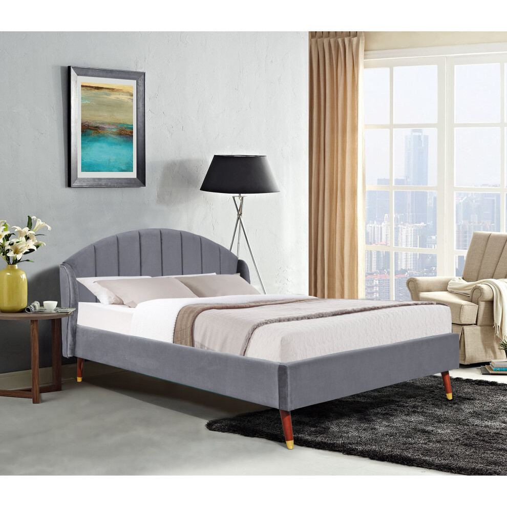 (4ft6 Double, Grey) Winged Plush Velvet BedFrame with Curved Headboard