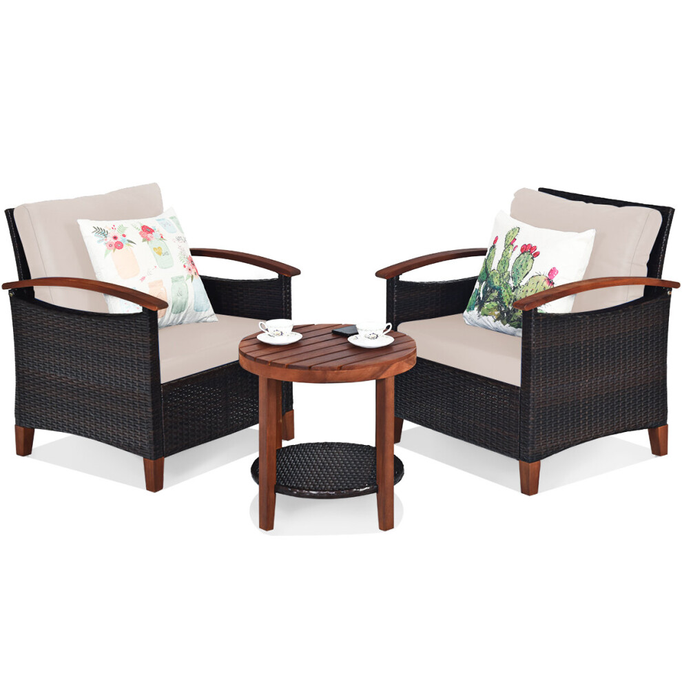 3PCS Garden Sofa Set 2 Rattan Seats & Coffee Table Set W/Seat Cushions