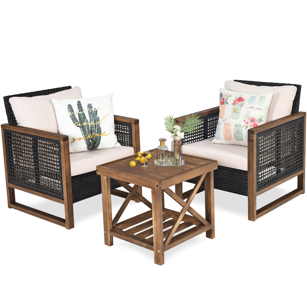 3PCS Outdoor Rattan Wicker Table & Chair Set for Garden Patio & Bistro