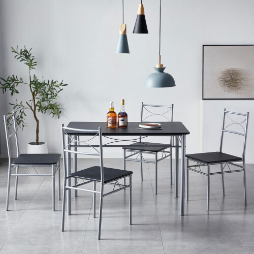 MCC (Black) Dining Table and Chairs Set Metal Wood Effect Table Dining Set 4 Chairs Silvia