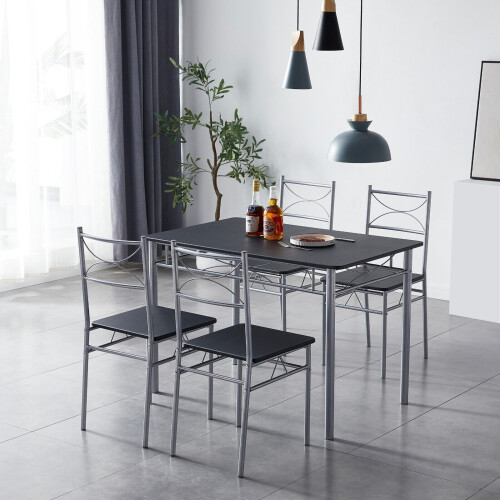 MCC (Black) Dining Table and Chairs Set Metal Wood Effect Table Dining Set 4 Chairs Silvia 1