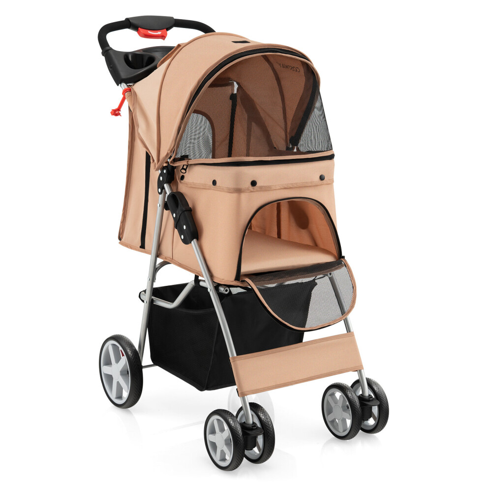 Folding Pet Stroller Portable Pet Travel Pushchair 4 Wheels w/ Basket