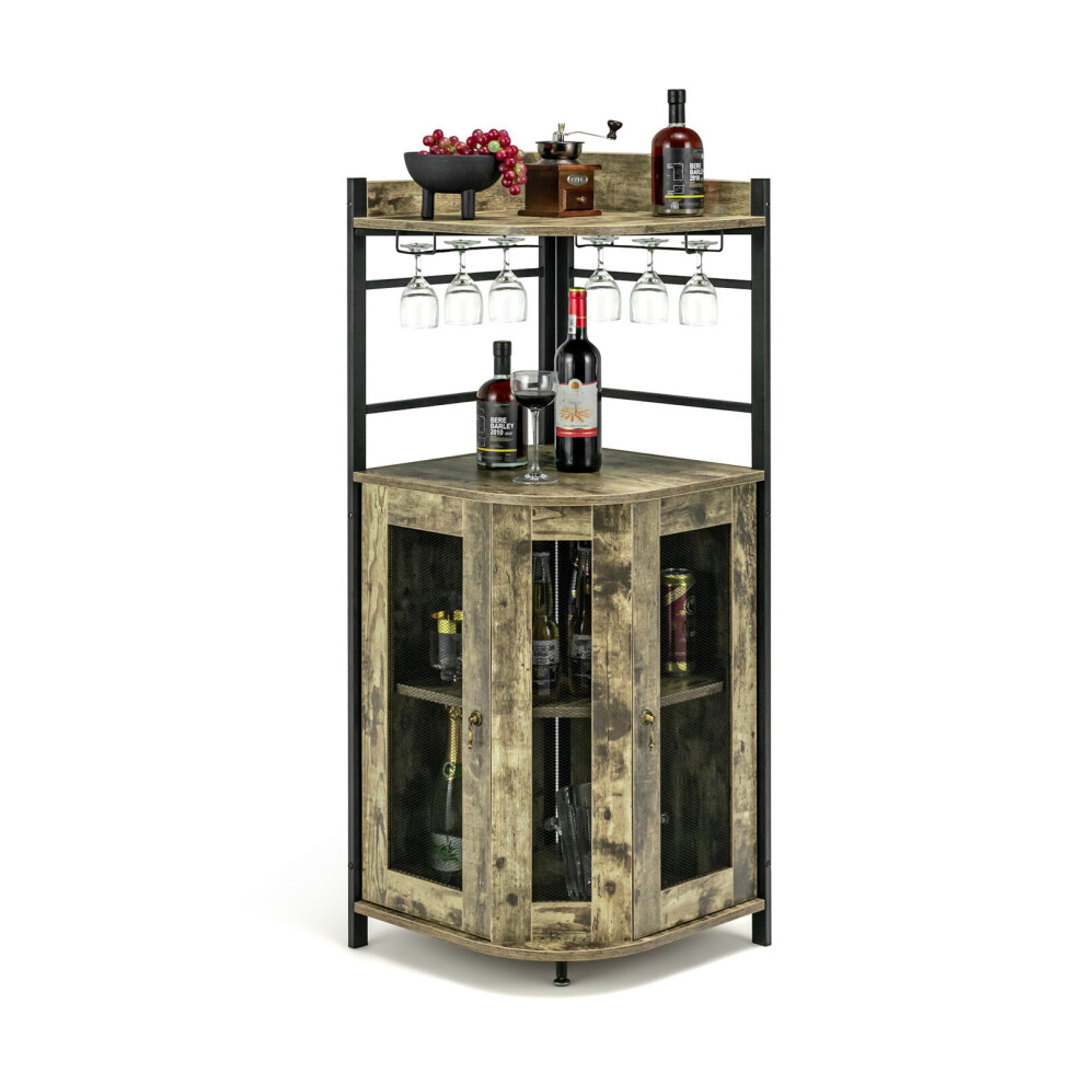 Corner Bar Cabinet Wine Buffet Cabinet with Glass Holder & Mesh Doors