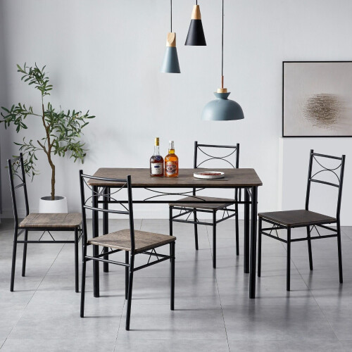 MCC (DISTRESSED GREY) Dining Table and Chairs Set Metal Wood Effect Table Dining Set 4 Chairs Silvia