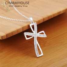 925 Sterling Silver Necklaces For Women Zirconia Cross Pendant & Necklace Chain Collier Femme Wedding Bridal Jewelry Party