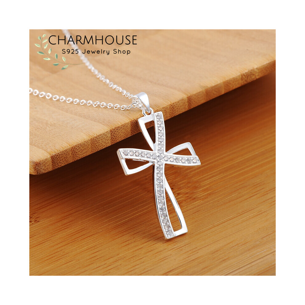 925 Sterling Silver Necklaces For Women Zirconia Cross Pendant & Necklace Chain Collier Femme Wedding Bridal Jewelry Party Silver,Multicoloured
