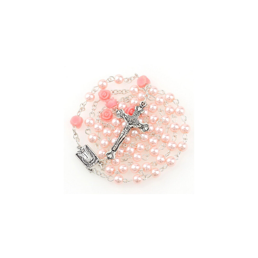 6mm Glass Pearl Bead Holy Rosaries Necklace With Rose Flower Silver Cross Lourdes Center Rosary