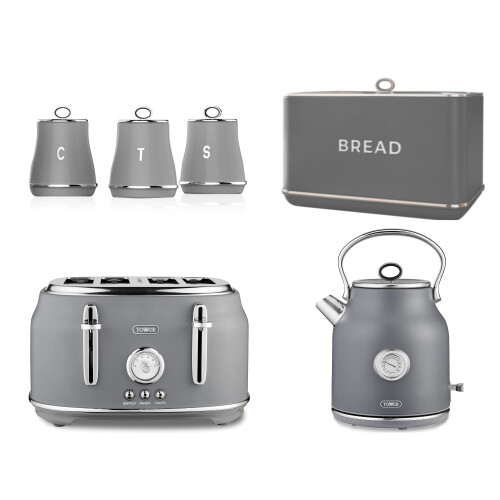 Tower Tower Renaissance Grey Kettle 4 Slice Toaster Bread Bin Canisters Set