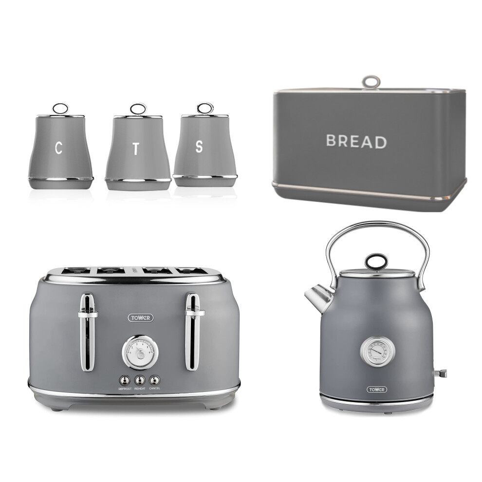 Tower Renaissance Grey Kettle 4 Slice Toaster Bread Bin Canisters Set