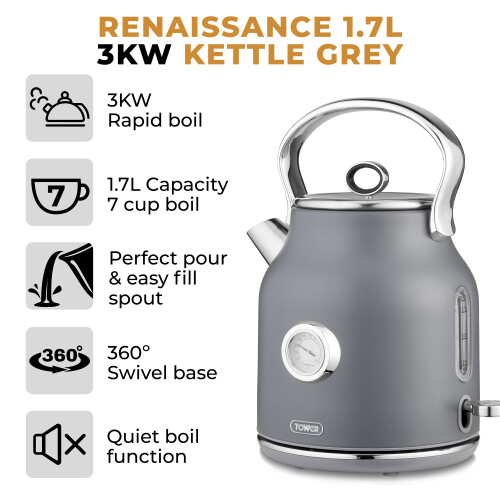 Tower Tower Renaissance Grey Kettle 4 Slice Toaster Bread Bin Canisters Set 1