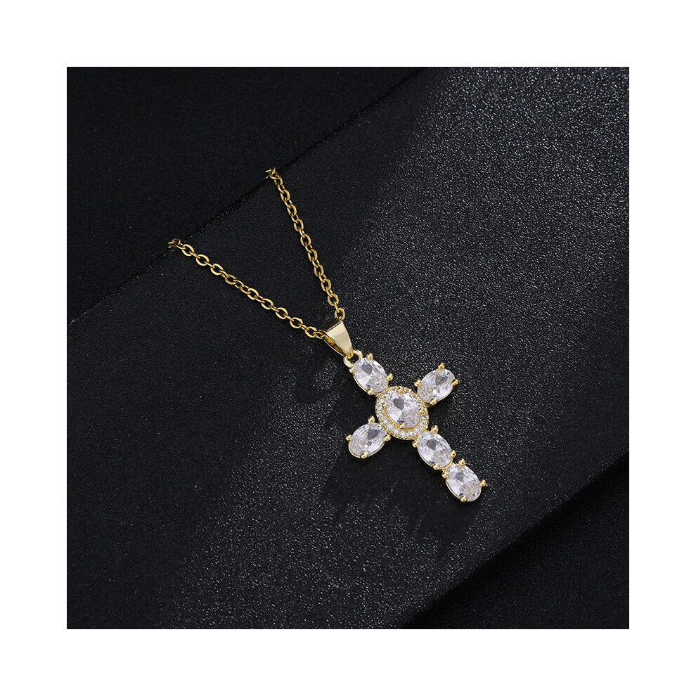 (Light Yellow Gold Color, 50cm) Cross Necklace CZ Jesus Cross Pendant Necklace For Men Women Couple Christian Jewelry Gift