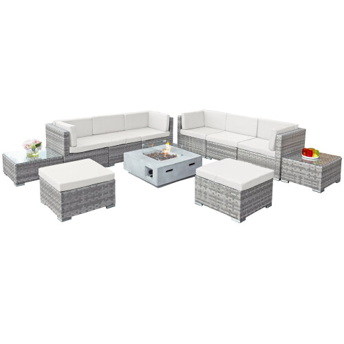 Trinidad Deluxe Rattan 8 Seat Modular Sofa Set with GRC Firepit in Dove