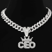 (Silver, 50cm) Iced Out Full Rhinestone Crown CEO Letter Pendant Necklace Silver Cuban Chain Men Women HipHop Necklaces Jewelry