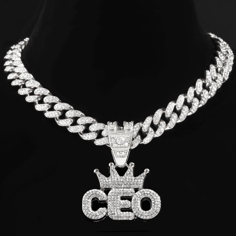 (Silver, 50cm) Iced Out Full Rhinestone Crown CEO Letter Pendant Necklace Silver Cuban Chain Men Women HipHop Necklaces Jewelry