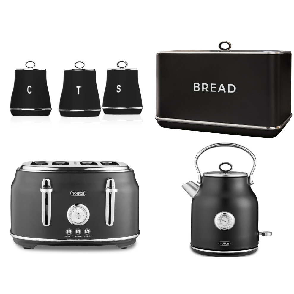Tower Renaissance Kettle Toaster Bread Bin & Canisters Set Black