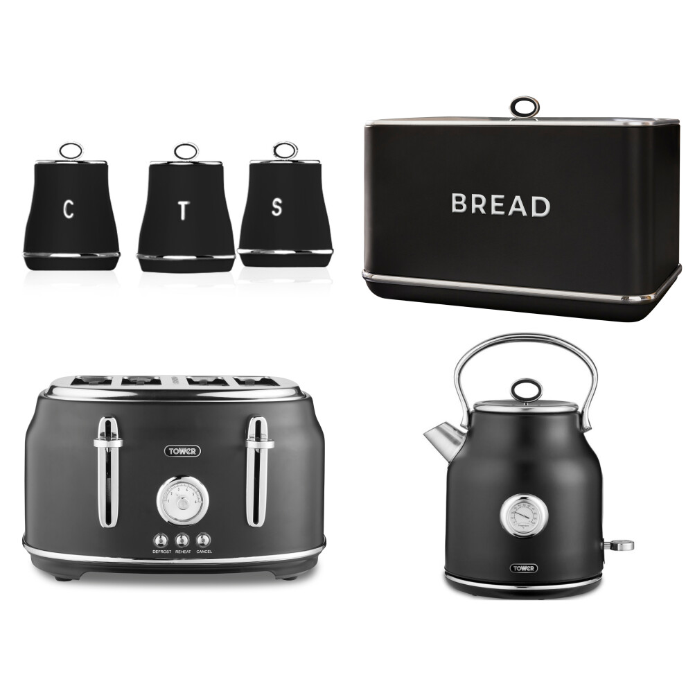 Tower Renaissance Black Kettle Toaster Bread Bin & Canisters Set