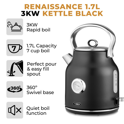 Tower Tower Renaissance Black Kettle Toaster Bread Bin & Canisters Set 1