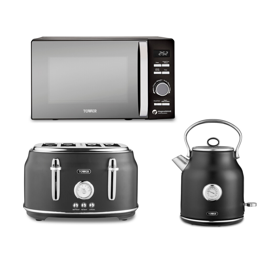 Tower Renaissance Black Kettle 4 Slice Toaster & 800W 20L Microwave