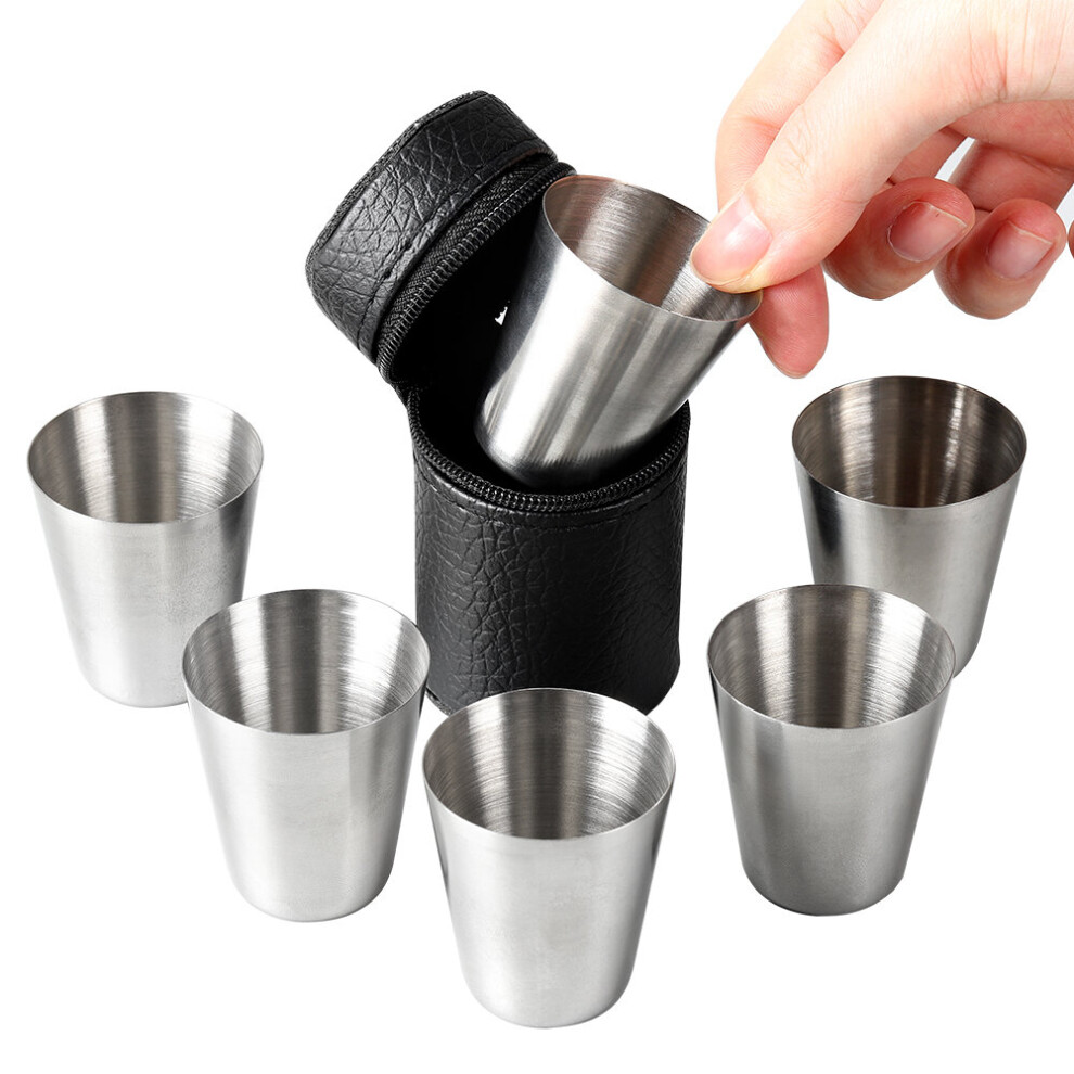 (a-6PCS) 6Pcs 30ml Mugs Set Stainless Steel Mugs Wine Beer Whiskey Mugs Outdoor Travel Mugs with Faux Leather Cover Bag-image-OPC-PBQ85J9-NEW