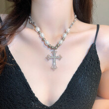 ins wind hip hop retro pearl necklace Christian cross clavicle chain ladies sweet punk pendant men and women