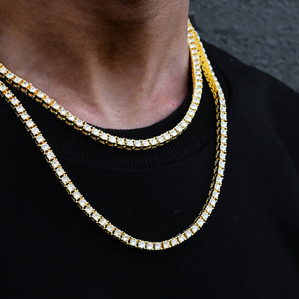 (Light Yellow Gold Color, 70cm) Iced Out Classic Micro Tennis Necklace 4mm Iced Out CZ Tennis Chain Iced Out Fold Over Clasp Hip Hop Necklace for Men Gift Chain