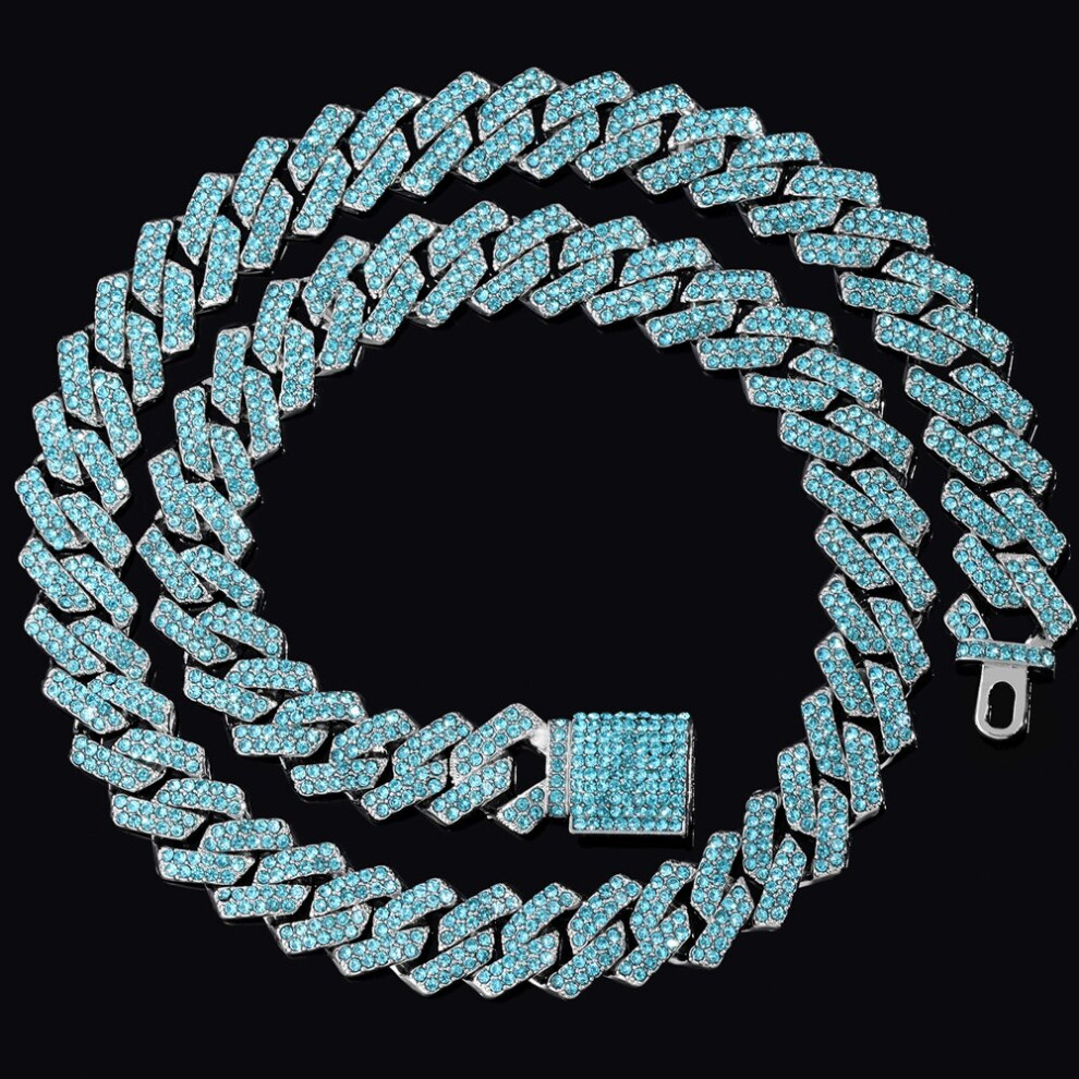 (White, 50cm) 14mm Iced Out Rhombus Prong Cuban Link Chain Necklace for Women Rhinestones Paved Cuban Choker Necklace HipHop Men Jewelry