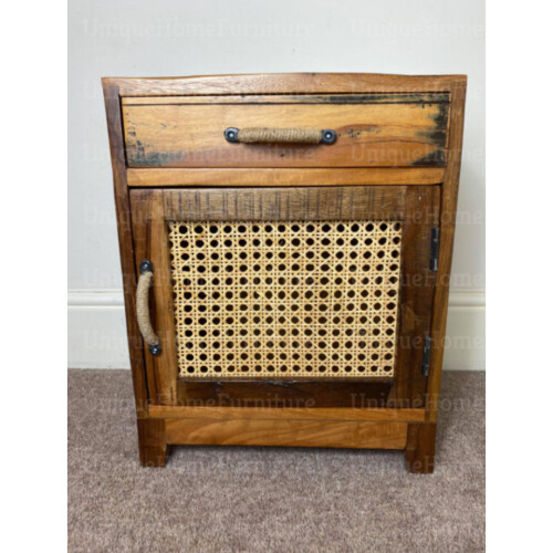 Rustic Bedside Table Rattan Storage Cabinet Vintage Solid Wood Nightstand Unit 1