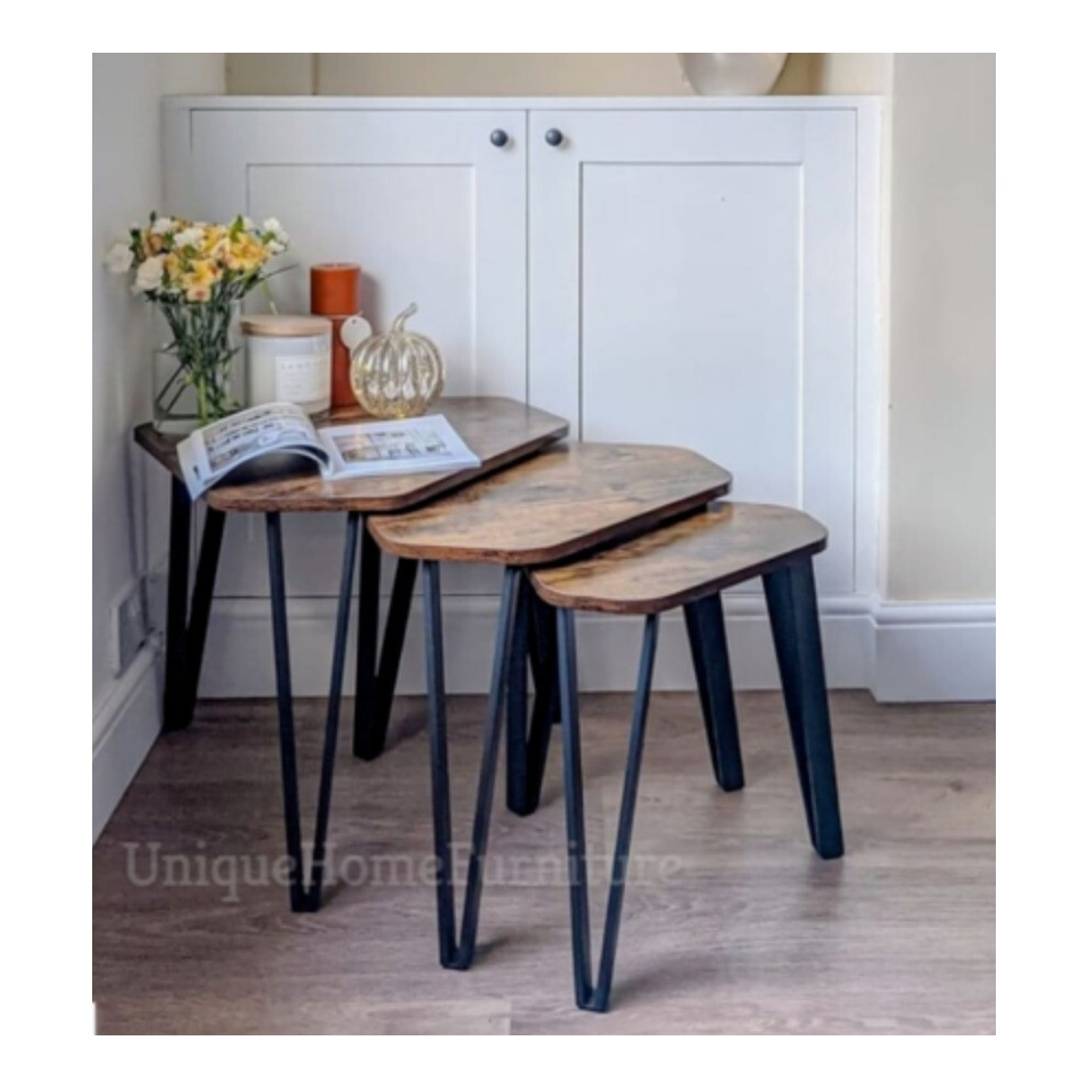 Industrial Nest of Tables Vintage Room Furniture Side End Table Set 3 Rustic Metal