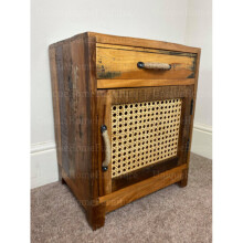 Rustic Bedside Table Rattan Storage Cabinet Vintage Solid Wood Nightstand Unit